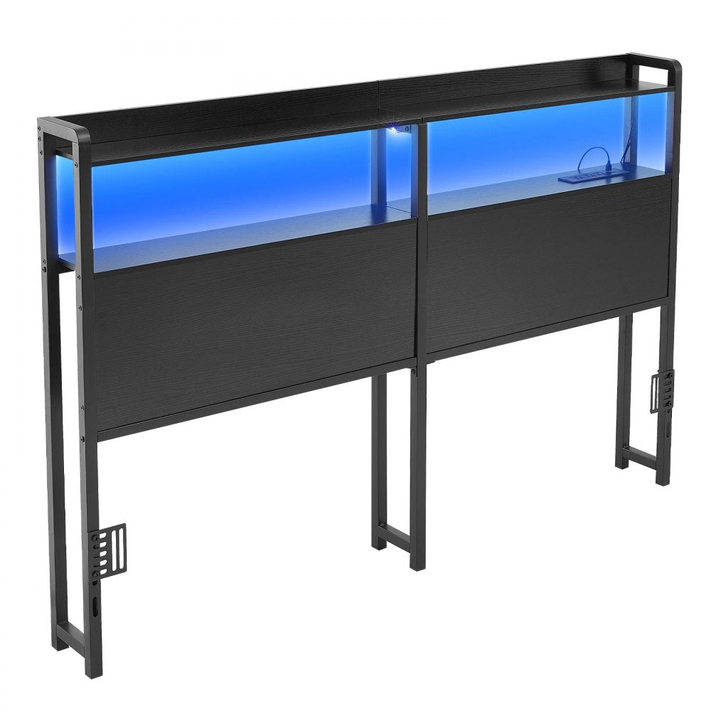 VEVOR Headboard for Queen Size Bed, with 2 Storage Shelves, LED Light, 3 Outlets, and 3 USB Ports, Sturdy and Stable Carbon Steel Frame Head Board with Charging Station, Adjustable Height, Black