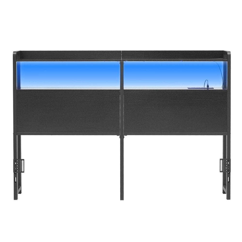 VEVOR Headboard for Queen Size Bed, with 2 Storage Shelves, LED Light, 3 Outlets, and 3 USB Ports, Sturdy and Stable Carbon Steel Frame Head Board with Charging Station, Adjustable Height, Black