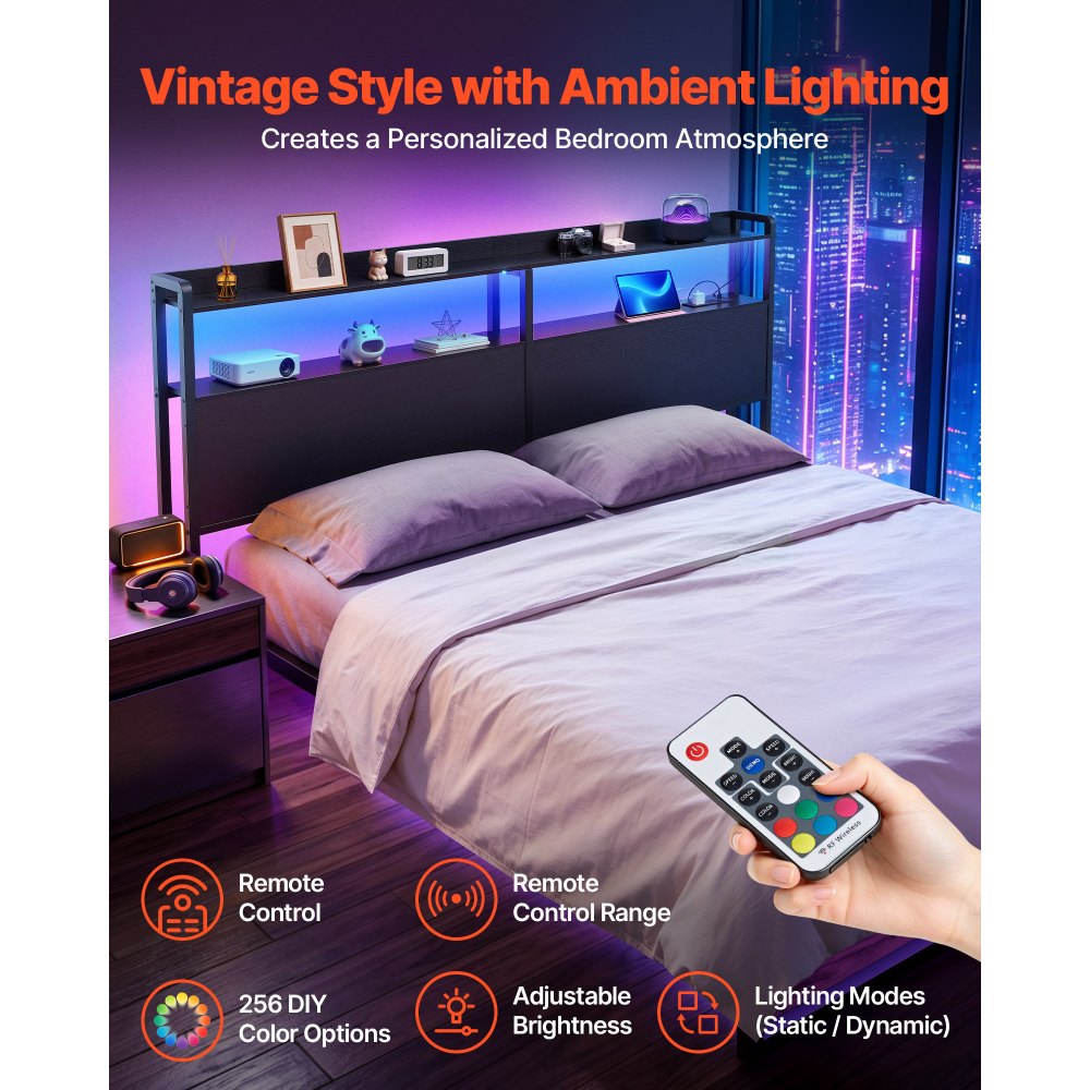 VEVOR Headboard for King Size Bed, with 2 Storage Shelves, LED Light, 3 Outlets, and 3 USB Ports, Sturdy and Stable Carbon Steel Frame Head Board with Charging Station, Adjustable Height, Black