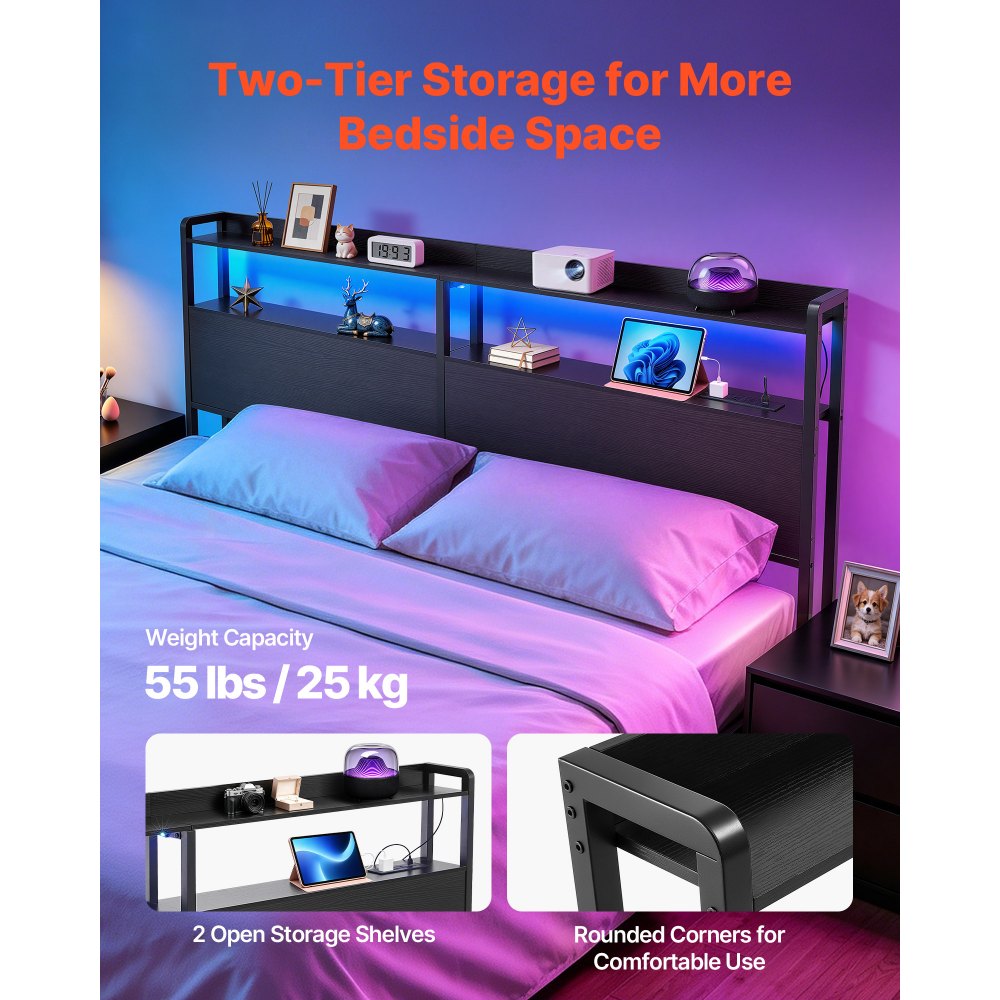 VEVOR Headboard for King Size Bed, with 2 Storage Shelves, LED Light, 3 Outlets, and 3 USB Ports, Sturdy and Stable Carbon Steel Frame Head Board with Charging Station, Adjustable Height, Black
