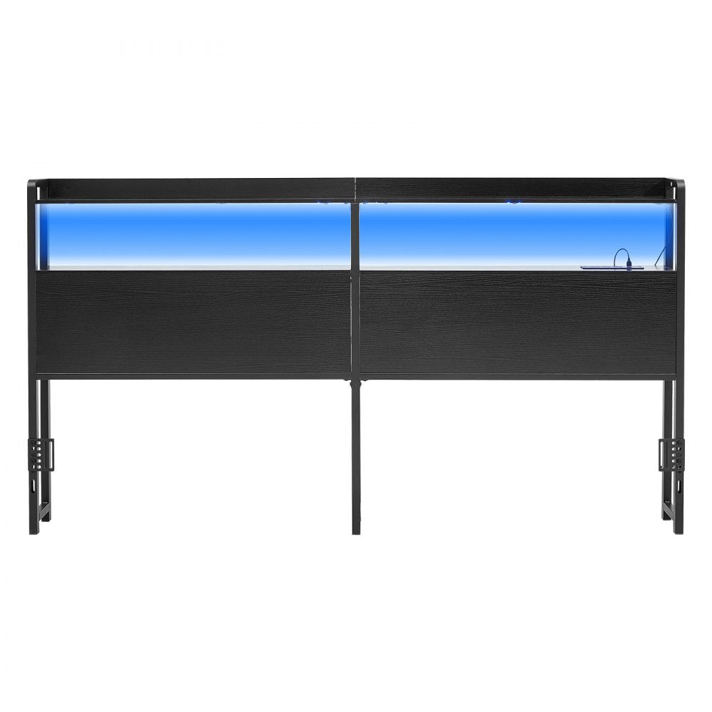 VEVOR Headboard for King Size Bed, with 2 Storage Shelves, LED Light, 3 Outlets, and 3 USB Ports, Sturdy and Stable Carbon Steel Frame Head Board with Charging Station, Adjustable Height, Black