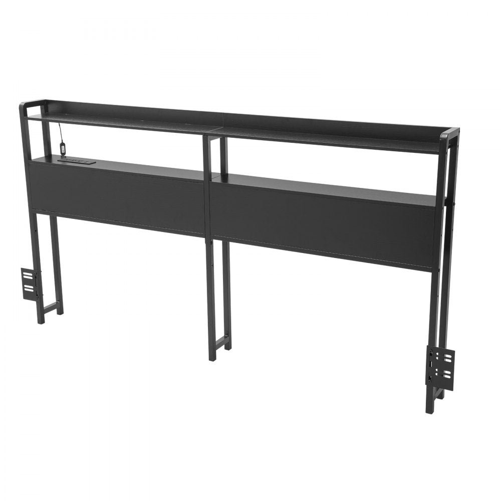 VEVOR Headboard for King Size Bed, Adjustable Height Headboard with 2 Shelves Storage, Freestanding Head Board with Charging Station and LED Light for Different Bed Frames, Easy Assembly, Black