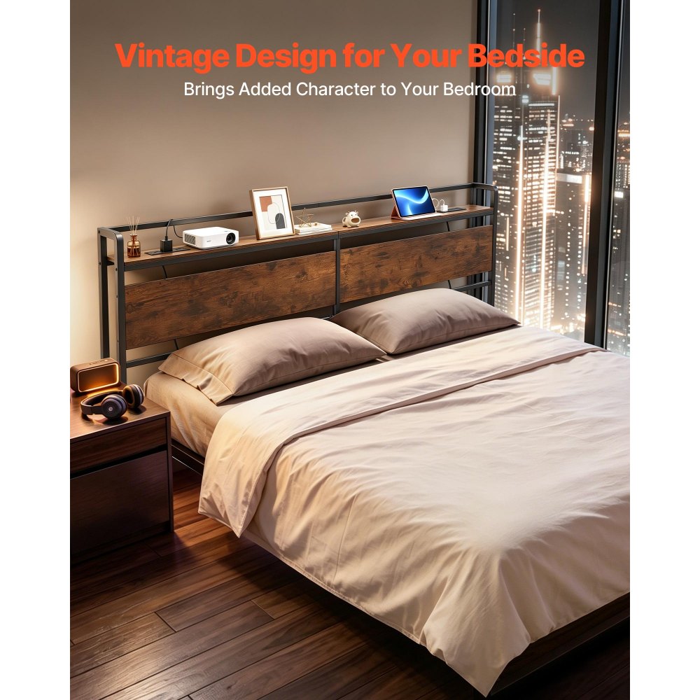 VEVOR Headboard for King Size Bed, with Storage Shelf, 2 Outlets, 1 USB and 1 Type-C Port, Sturdy and Stable Carbon Steel Frame Head Board with Charging Station, Adjustable Height, Black and Brown