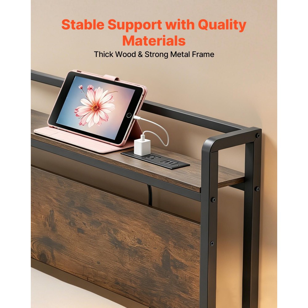 VEVOR Headboard for King Size Bed, with Storage Shelf, 2 Outlets, 1 USB and 1 Type-C Port, Sturdy and Stable Carbon Steel Frame Head Board with Charging Station, Adjustable Height, Black and Brown