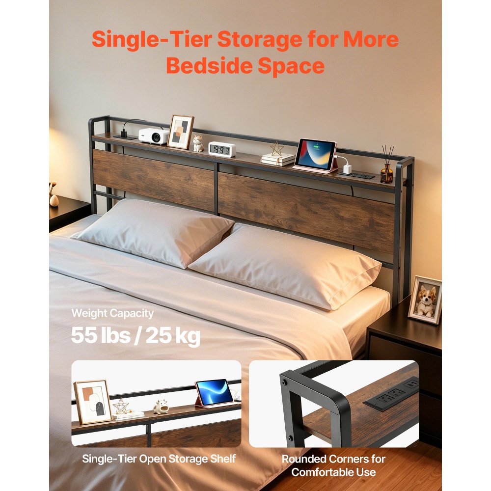VEVOR Headboard for King Size Bed, with Storage Shelf, 2 Outlets, 1 USB and 1 Type-C Port, Sturdy and Stable Carbon Steel Frame Head Board with Charging Station, Adjustable Height, Black and Brown