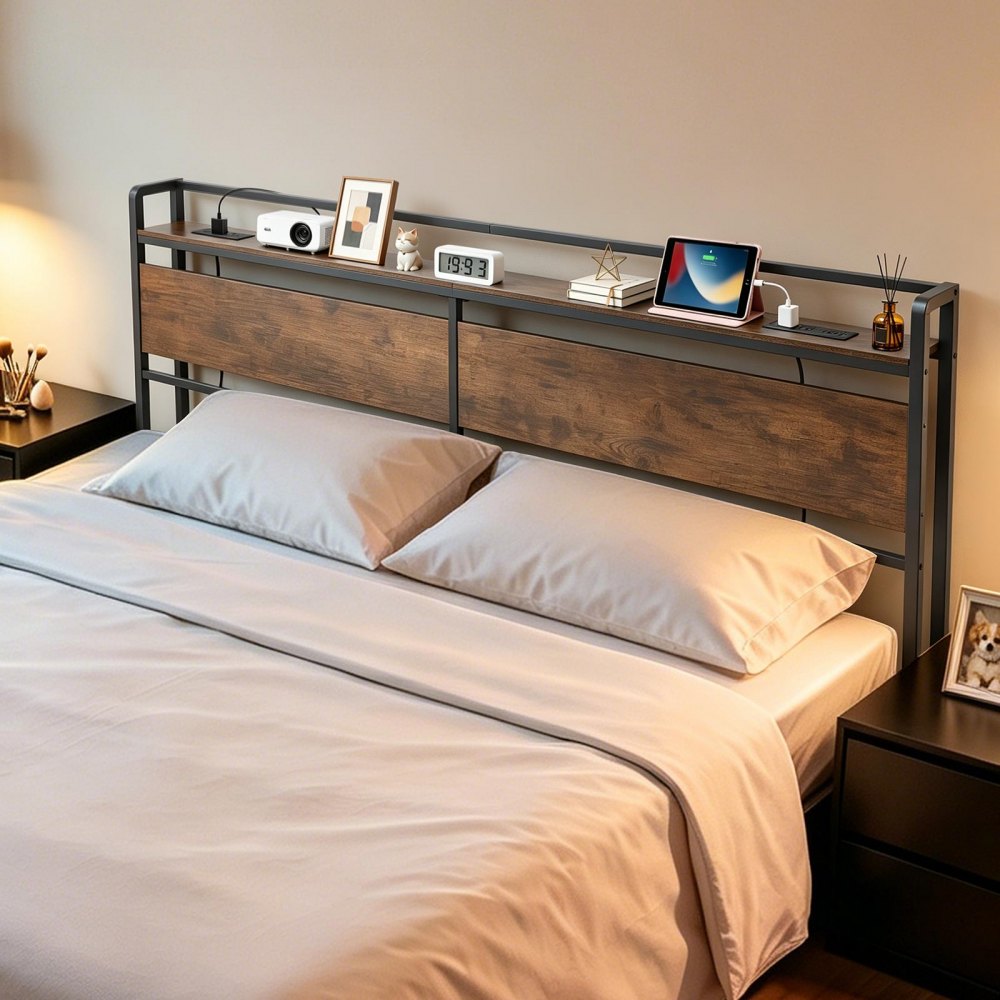 VEVOR Headboard for King Size Bed, with Storage Shelf, 2 Outlets, 1 USB and 1 Type-C Port, Sturdy and Stable Carbon Steel Frame Head Board with Charging Station, Adjustable Height, Black and Brown