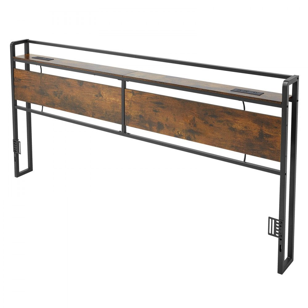 VEVOR Headboard for King Size Bed, with Storage Shelf, 2 Outlets, 1 USB and 1 Type-C Port, Sturdy and Stable Carbon Steel Frame Head Board with Charging Station, Adjustable Height, Black and Brown