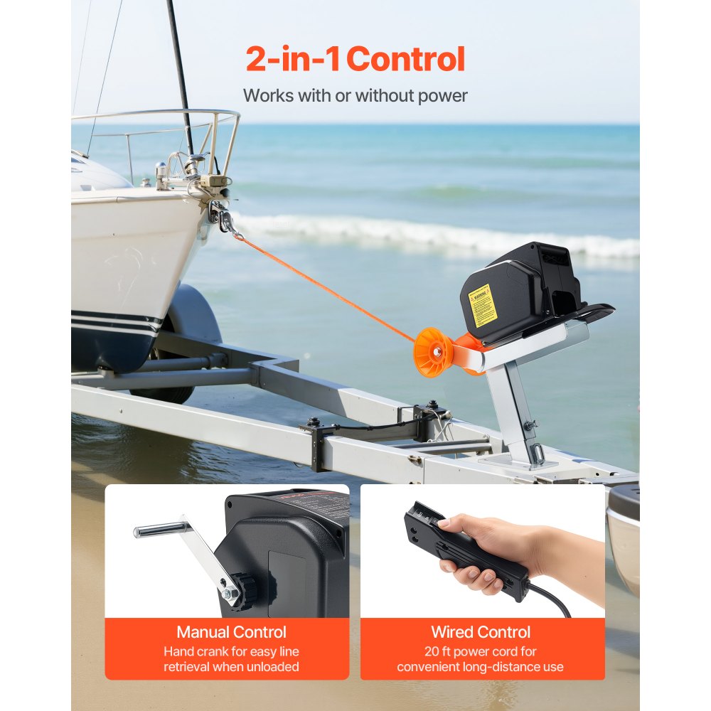 VEVOR Electric Boat Winch, 12V DC 300W, Reversible Electric Trailer Winch for Boats Up to 2000 lbs, Power-in, Power-Out, and Freewheel Operations for Boats with Wired Remote Control & Hand Crank