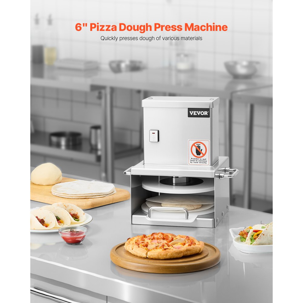 VEVOR Electric Pizza Dough Press Machine, 6 inch Pizza Pastry Press Plate, Stainless Steel Bread Presser, Adjustable Thickness Commercial Forming Machine, with 100 Pcs Parchment Paper
