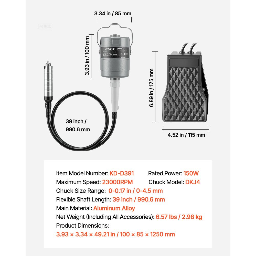 VEVOR Flex Shaft Grinder, 150W 23000RPM Electric Flex Shaft Rotary Tool, Foot-Pedal Control Hanging Carver Grinder with 112PCS Accessory Kit for Sanding Buffing Polishing Cutting
