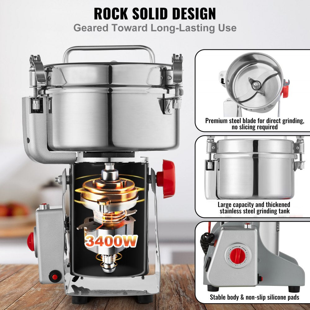 VEVOR 2000g Electric Grain Mill Grinder, High Speed 3400W Commercial Spice Grinders, Stainless Steel Pulverizer Powder Machine, for Dry Grains Spices Cereals Coffee Corn Pepper, Swing Type