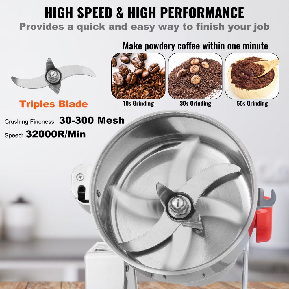 VEVOR 2500g Electric Grain Mill Grinder, High Speed 3400W Commercial Spice Grinders, Stainless Steel Pulverizer Powder Machine, for Dry Grains Spices Cereals Coffee Corn Pepper, Swing Type