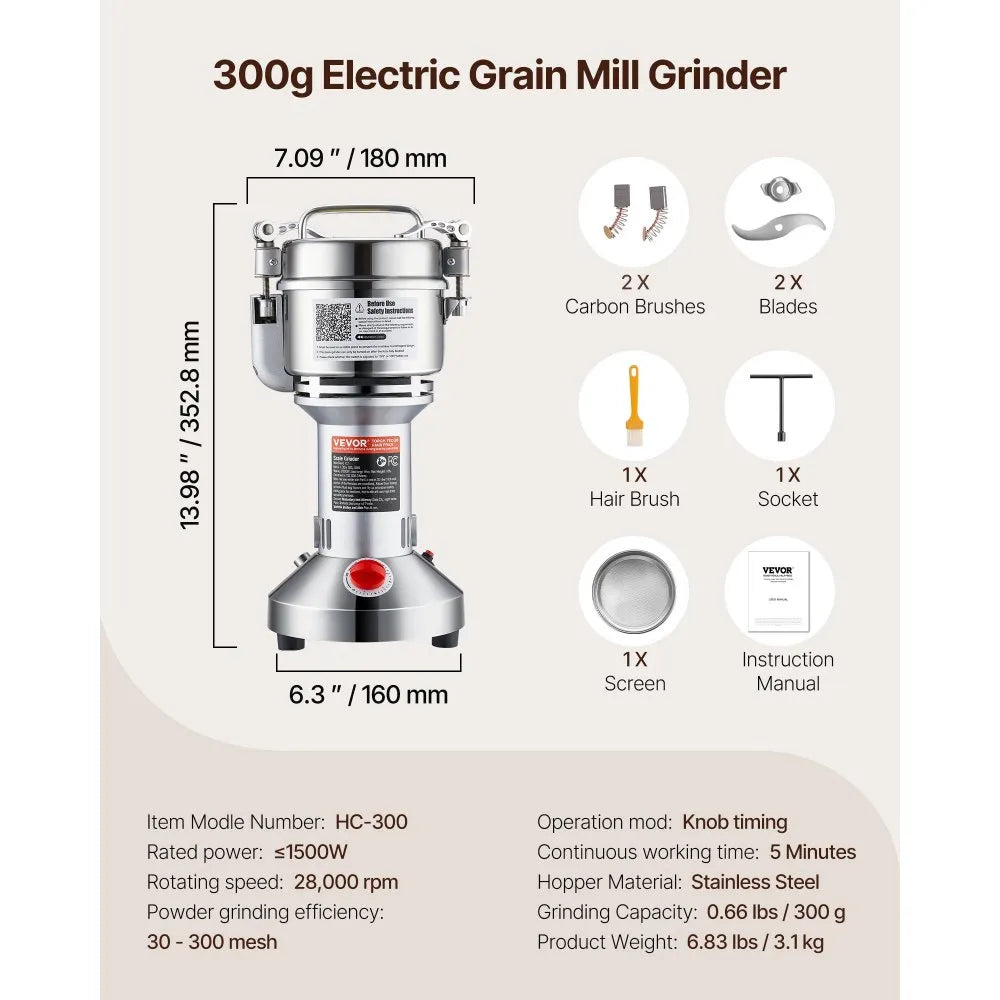 VEVOR 300g Electric Grain Mill Grinder, High Speed 1500W Commercial Spice Grinders, Stainless Steel Pulverizer Powder Machine, for Dry Grains Spices Cereals Coffee Corn Pepper, Straight Type