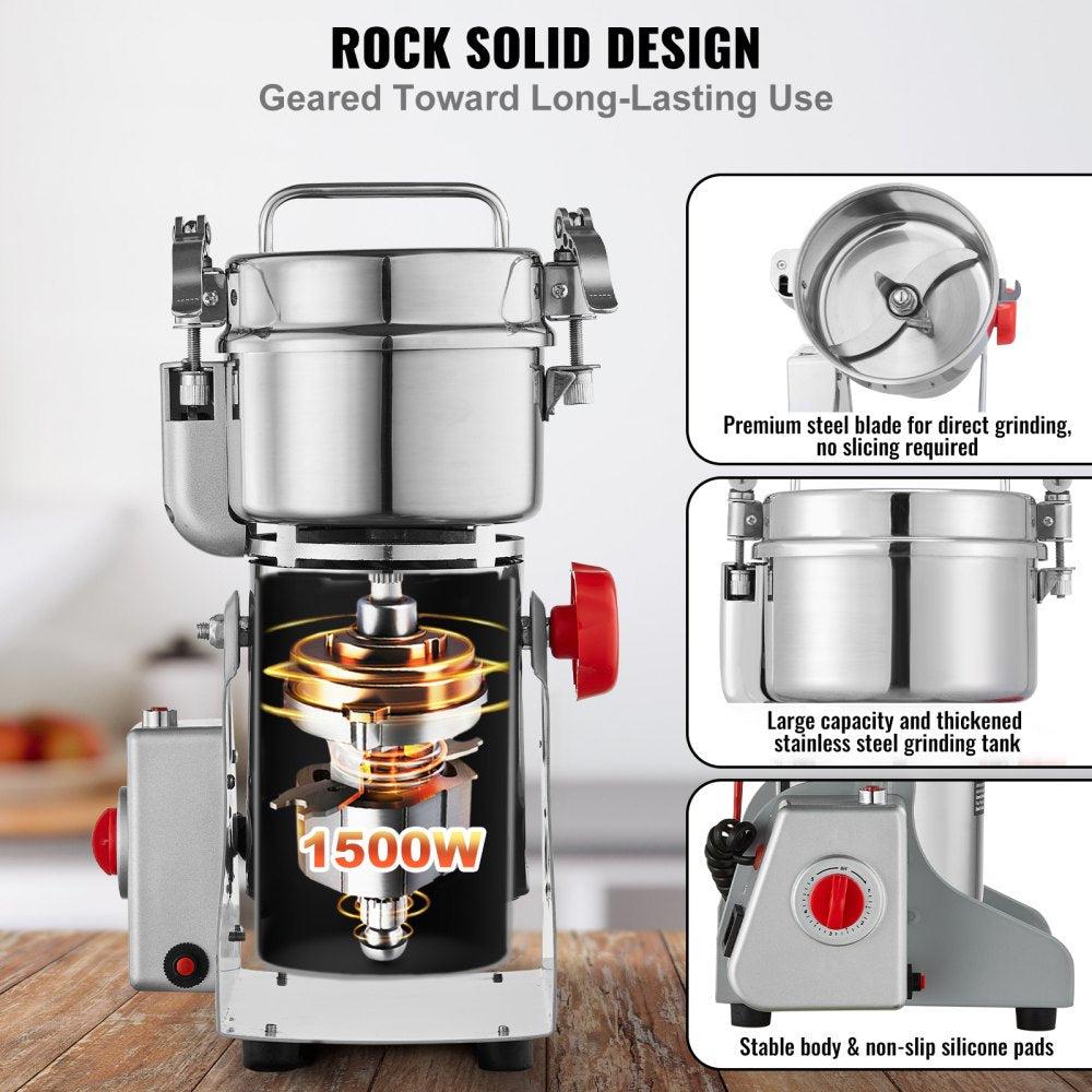 VEVOR 300g Electric Grain Mill Grinder, High Speed 1500W Commercial Spice Grinders, Stainless Steel Pulverizer Powder Machine, for Dry Grains Spices Cereals Coffee Corn Pepper, Swing Type
