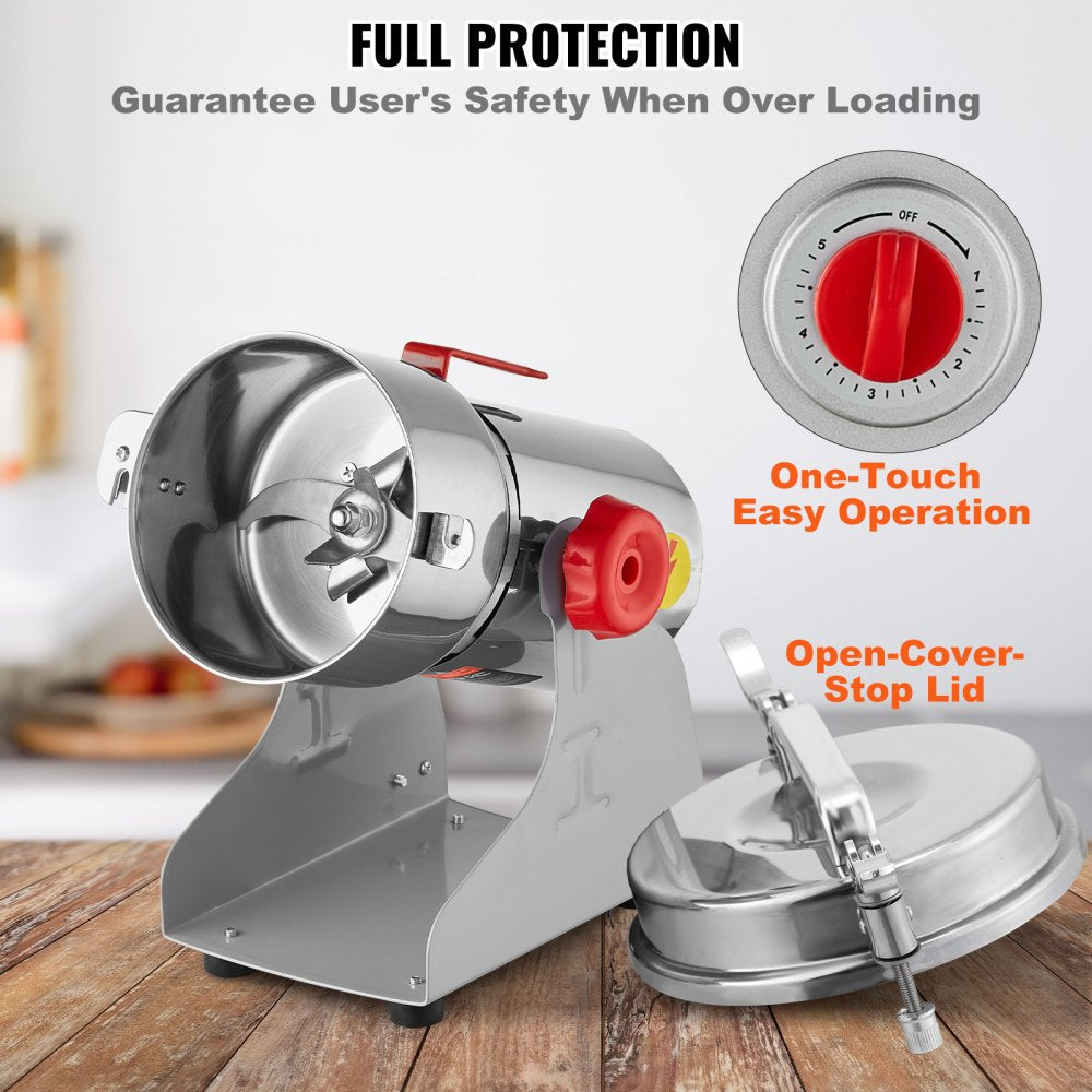 VEVOR 300g Electric Grain Mill Grinder, High Speed 1500W Commercial Spice Grinders, Stainless Steel Pulverizer Powder Machine, for Dry Grains Spices Cereals Coffee Corn Pepper, Swing Type