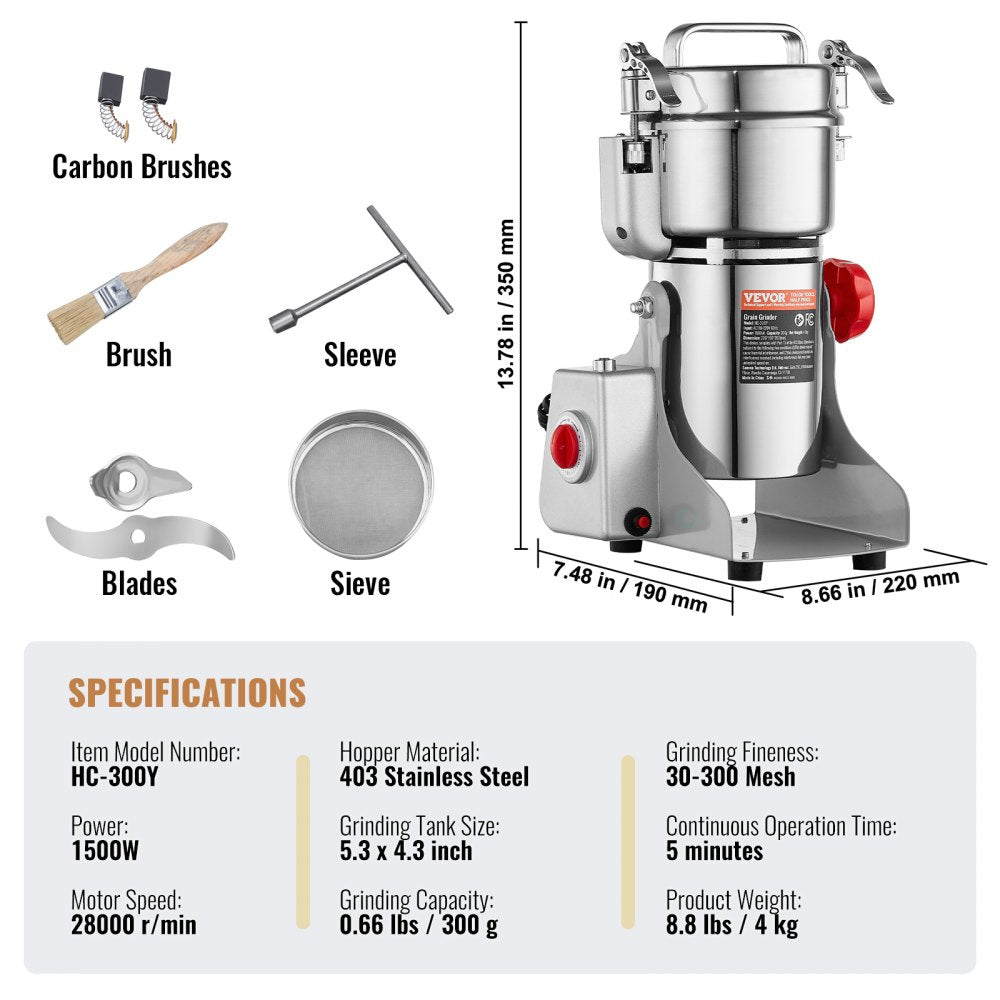 VEVOR 300g Electric Grain Mill Grinder, High Speed 1500W Commercial Spice Grinders, Stainless Steel Pulverizer Powder Machine, for Dry Grains Spices Cereals Coffee Corn Pepper, Swing Type