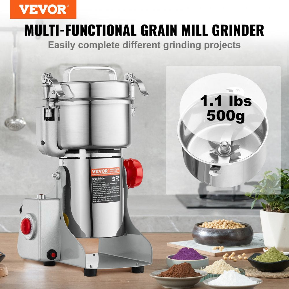 VEVOR 500g Electric Grain Mill Grinder, High Speed 2000W Commercial Spice Grinders, Stainless Steel Pulverizer Powder Machine, for Dry Grains Spices Cereals Coffee Corn Pepper, Swing Type
