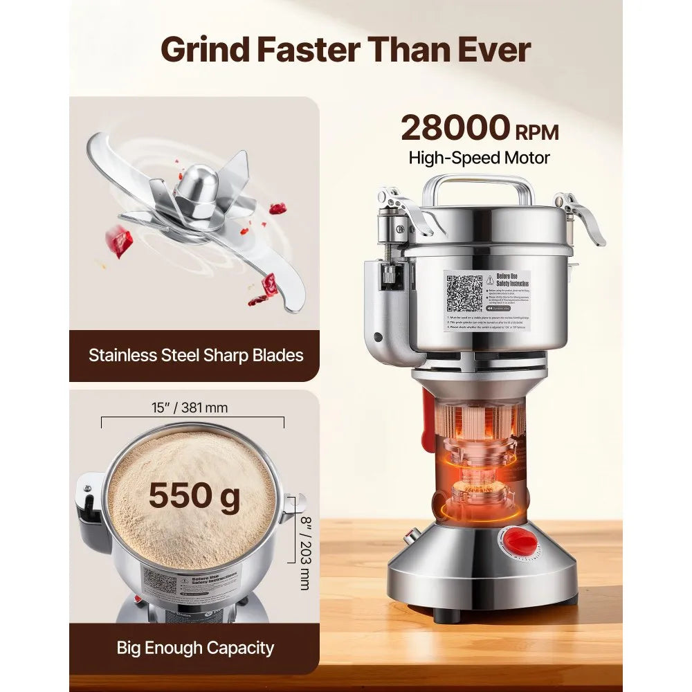 VEVOR 550g Electric Grain Mill Grinder, High Speed 2000W Commercial Spice Grinders, Stainless Steel Pulverizer Powder Machine, for Dry Grains Spices Cereals Coffee Corn Pepper, Straight Type
