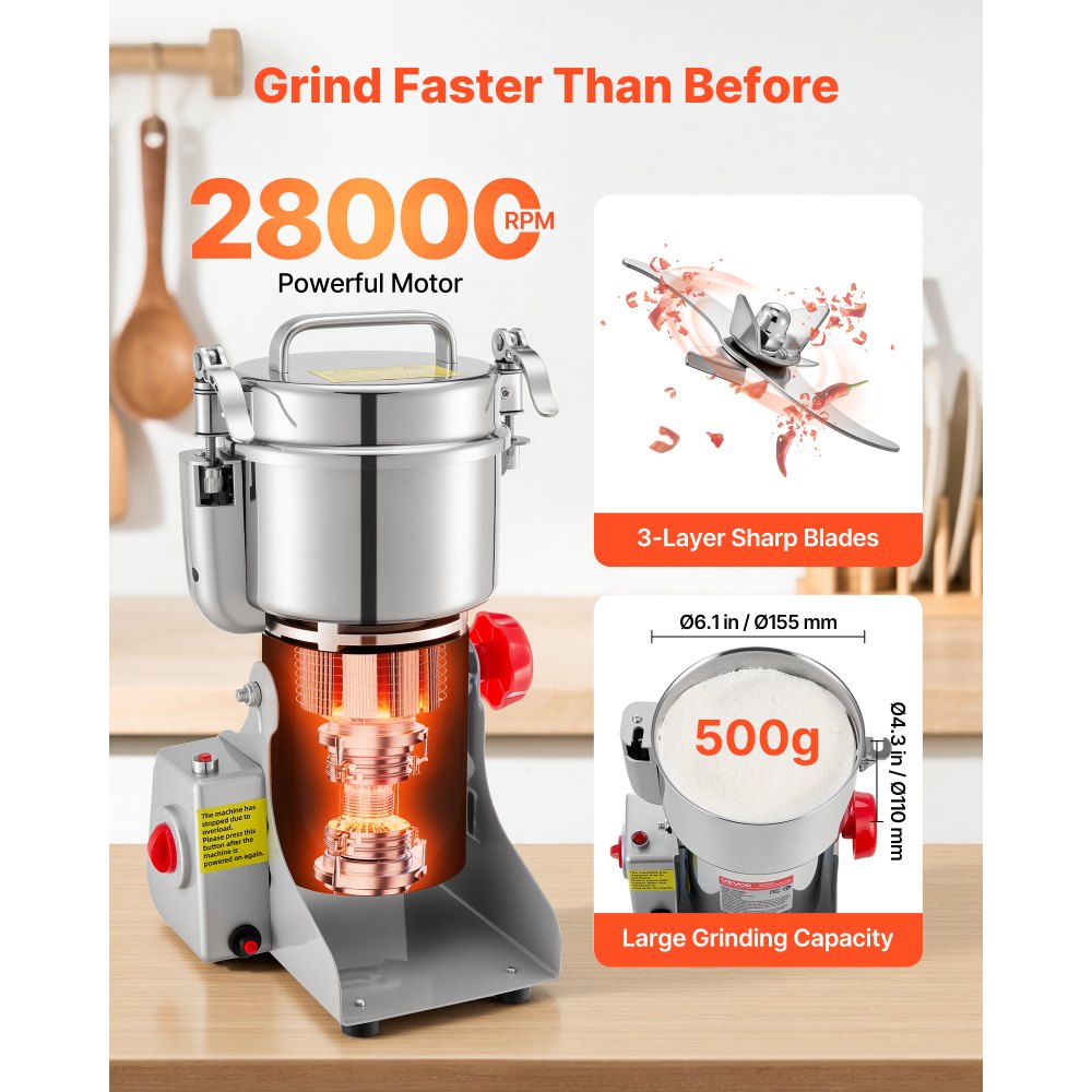 VEVOR 500g Electric Grain Mill Grinder, 2000W 28000RPM High Speed Spice Corn Dry Grinding Machine, Stainless Steel Pulverizer Powder Machine for Dried Grains Coffee Beans Spices Nuts (270° Swing Type)