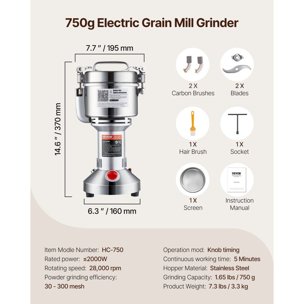 VEVOR 750g Electric Grain Mill Grinder, High Speed 2000W Commercial Spice Grinders, Stainless Steel Pulverizer Powder Machine, for Dry Grains Spices Cereals Coffee Corn Pepper, Straight Type