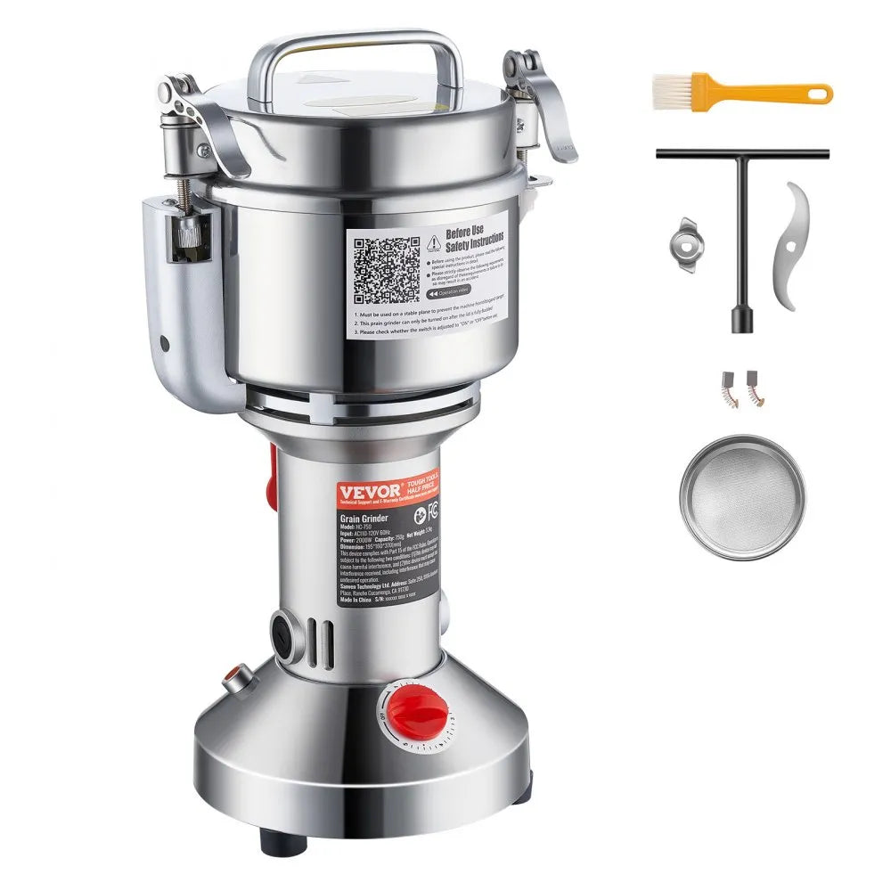 VEVOR 750g Electric Grain Mill Grinder, High Speed 2000W Commercial Spice Grinders, Stainless Steel Pulverizer Powder Machine, for Dry Grains Spices Cereals Coffee Corn Pepper, Straight Type