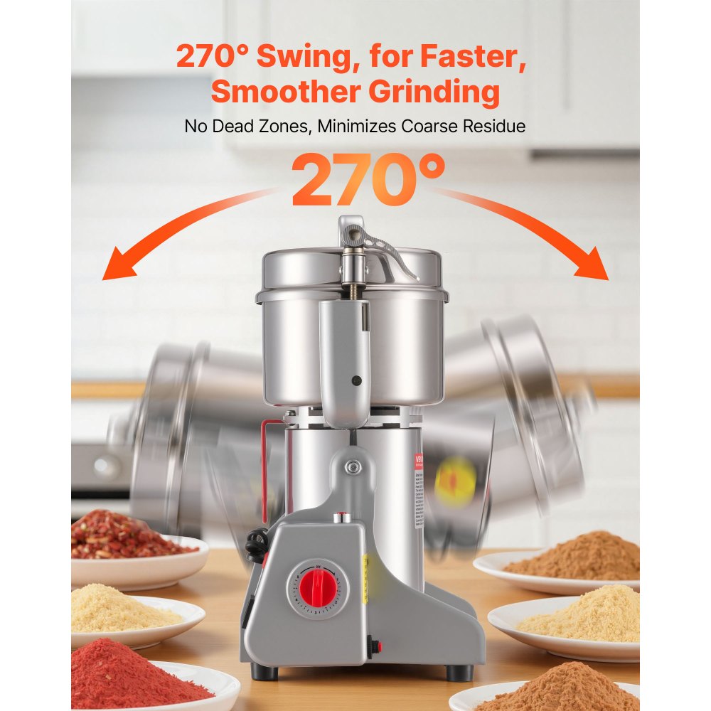 VEVOR Electric Grain Mill Grinder, 1.8 lbs Commercial Spice Grinders, High Speed 2100W Stainless Steel Pulverizer Powder Machine, for Dry Grains, Spices, Cereals, Coffee, Corn & Pepper, Swing Type