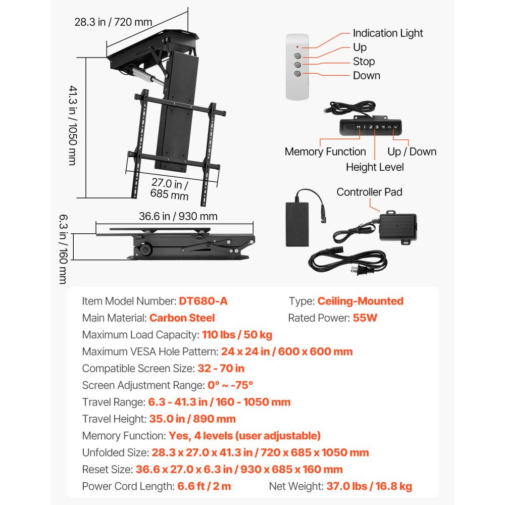 VEVOR Motorized Ceiling TV Mount, TV Wall Mount for 32 to 70 Inch TV, Electric Adjustable Ceiling TV Mount, Motorized Flip Down TV Mount Bracket with Max VESA 24 x 24 in, Fits TVs Up to 110 lbs