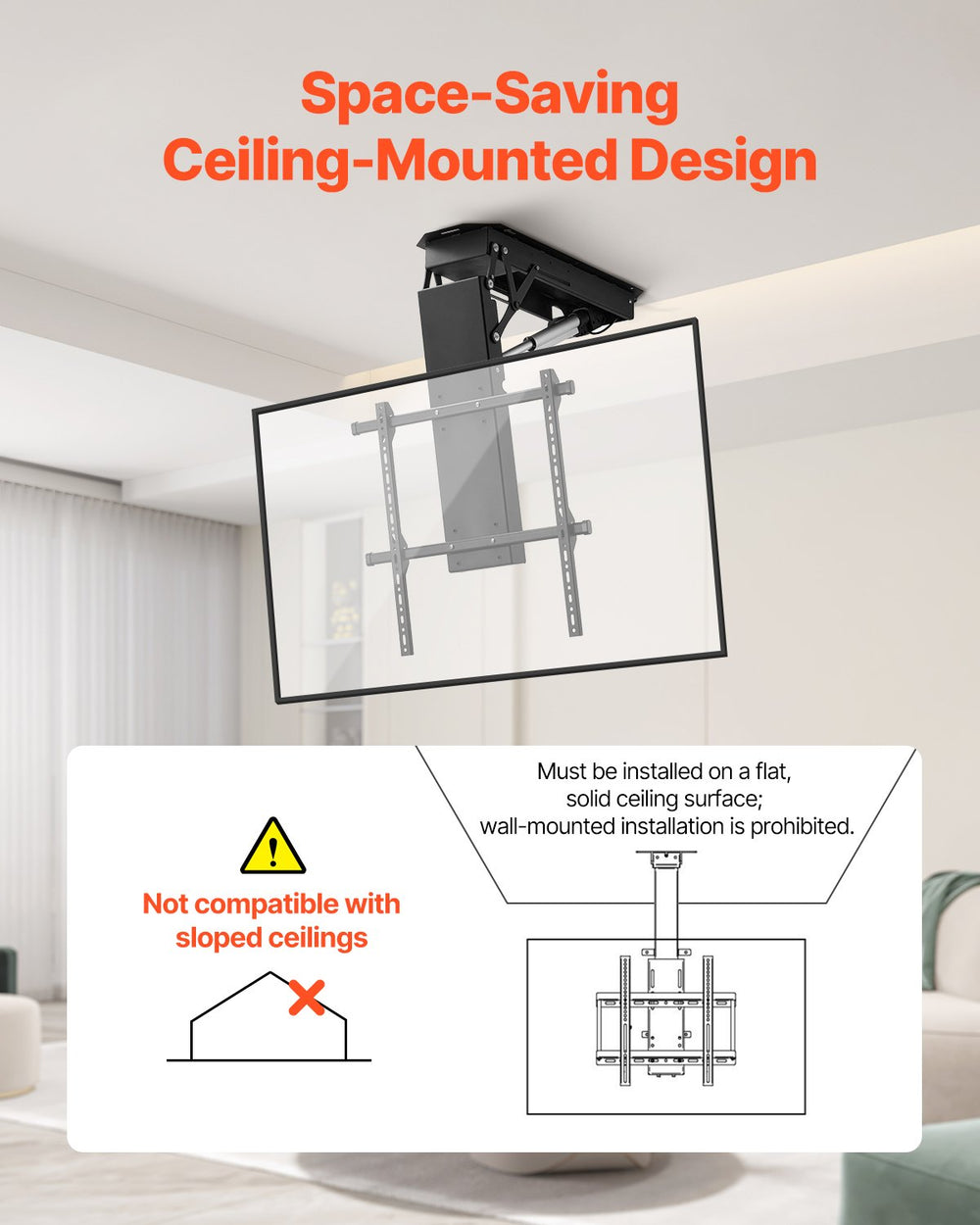 VEVOR Motorized Ceiling TV Mount, TV Wall Mount for 32 to 70 Inch TV, Electric Adjustable Ceiling TV Mount, Motorized Flip Down TV Mount Bracket with Max VESA 24 x 24 in, Fits TVs Up to 110 lbs