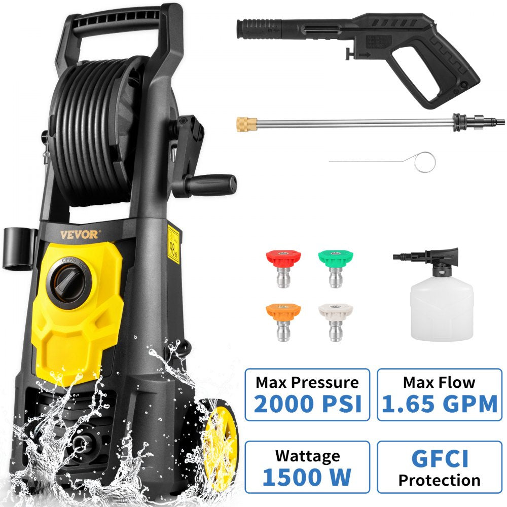 VEVOR Electric Pressure Washer, 2000 PSI, Max 1.65 GPM Power Washer with 30 ft Hose & Reel, 5 Quick Connect Nozzles, Foam Cannon, Portable to Clean Patios, Cars, Fences, Driveways, ETL Listed