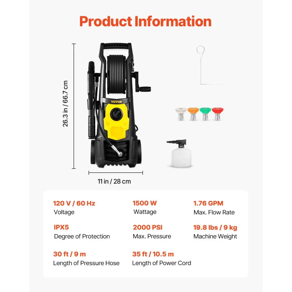 VEVOR Electric Pressure Washer, 2000 PSI, Max. 1.76 GPM Power Washer with 30 ft Hose, 5 Quick Connect Nozzles, Foam Cannon, Portable to Clean Patios, Cars, Fences, Driveways, ETL Listed