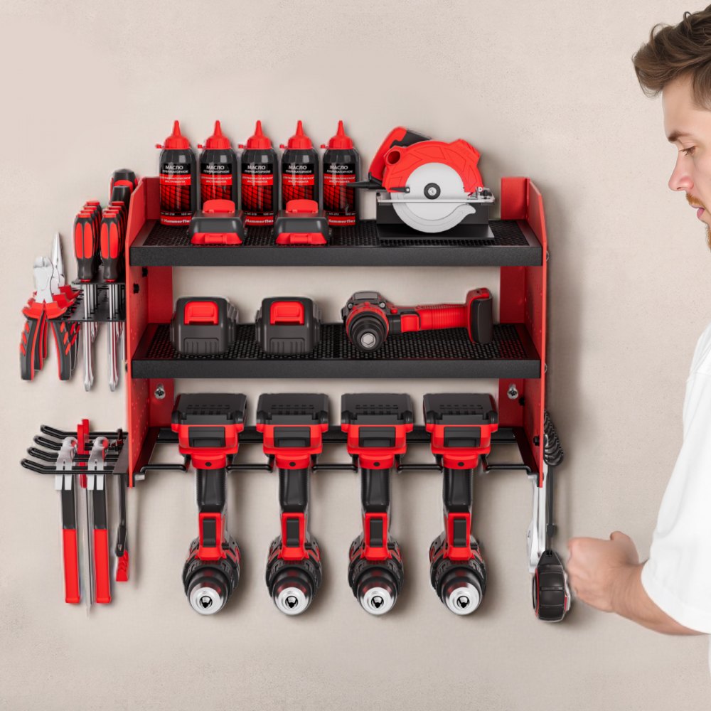 VEVOR Power Tool Organizer Wall Mount, 3-Layer Storage Rack with 4 Drill Holders, Tools Holder and Storage Rack with Side Pegboards, Garage Tool Organizer for Garage, Workbench, and Workshop