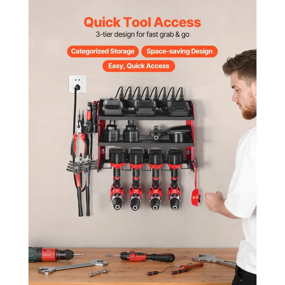 VEVOR Power Tool Organizer with Charging Station, 3-Layer Drill Storage Rack with 4 Drill Holders & Side Pegboard, Garage Tool Organizer Built in 8 Outlet Power Strips for Garage, Workbench, Workshop