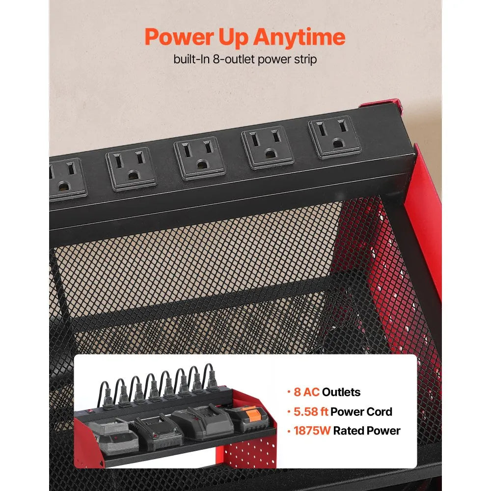 VEVOR Power Tool Organizer with Charging Station, 3-Layer Drill Storage Rack with 4 Drill Holders & Side Pegboard, Garage Tool Organizer Built in 8 Outlet Power Strips for Garage, Workbench, Workshop