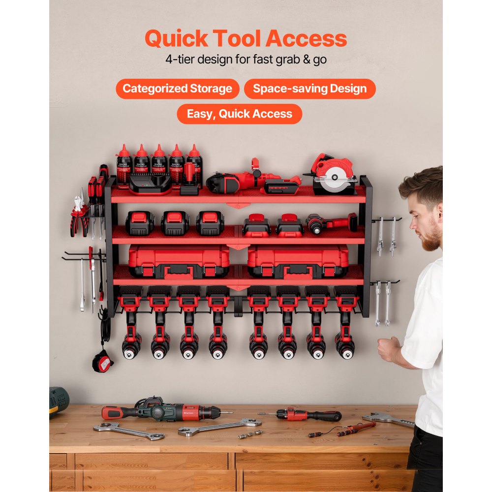 VEVOR Power Tool Organizer Wall Mount, 4-Layer Storage Rack with 8 Drill Holders, Tools Holder and Storage Rack with Side Pegboards, Garage Tool Organizer for Garage, Workbench, and Workshop
