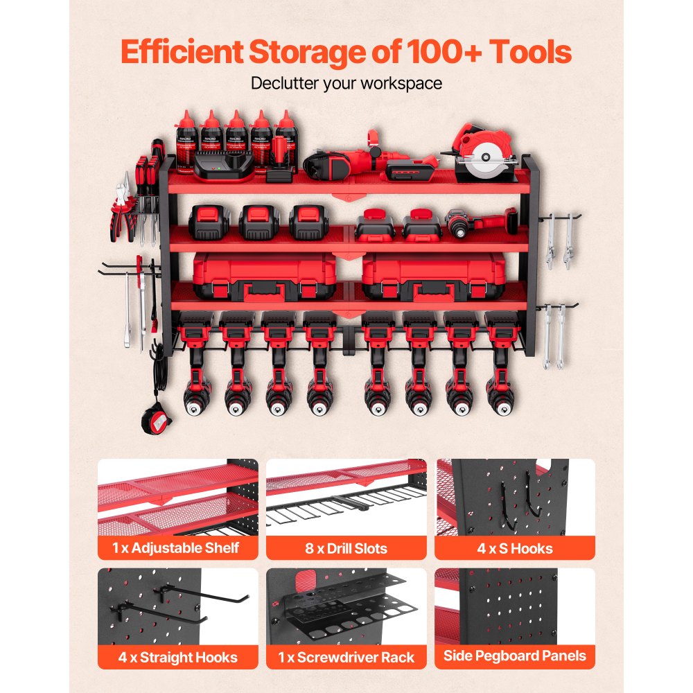 VEVOR Power Tool Organizer Wall Mount, 4-Layer Storage Rack with 8 Drill Holders, Tools Holder and Storage Rack with Side Pegboards, Garage Tool Organizer for Garage, Workbench, and Workshop