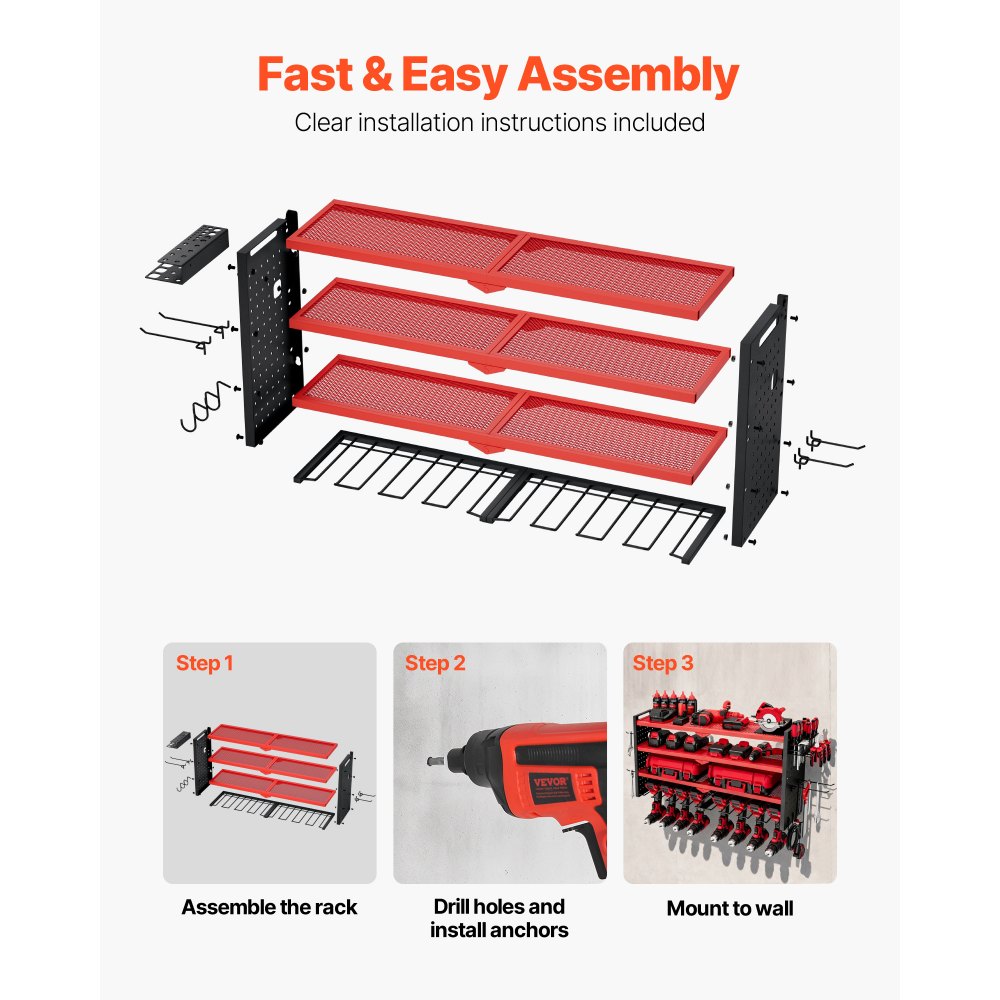 VEVOR Power Tool Organizer Wall Mount, 4-Layer Storage Rack with 8 Drill Holders, Tools Holder and Storage Rack with Side Pegboards, Garage Tool Organizer for Garage, Workbench, and Workshop