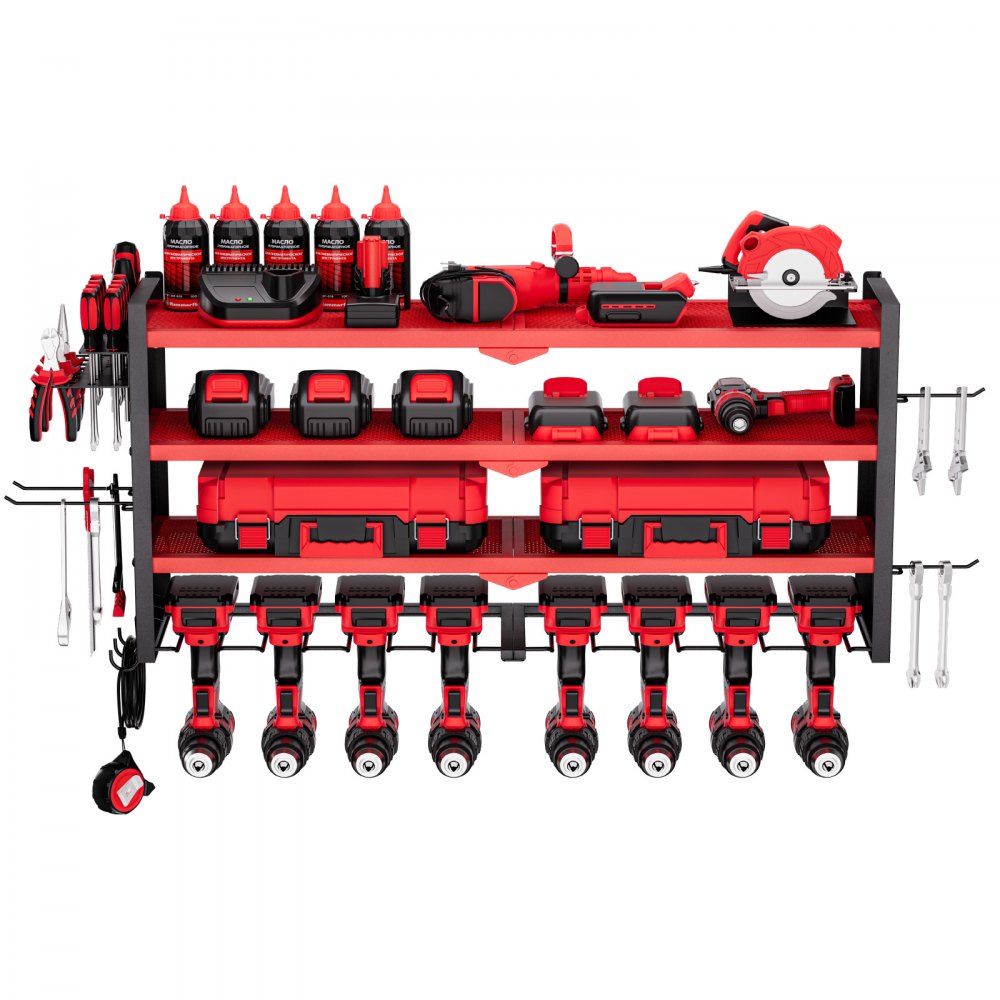 VEVOR Power Tool Organizer Wall Mount, 4-Layer Storage Rack with 8 Drill Holders, Tools Holder and Storage Rack with Side Pegboards, Garage Tool Organizer for Garage, Workbench, and Workshop