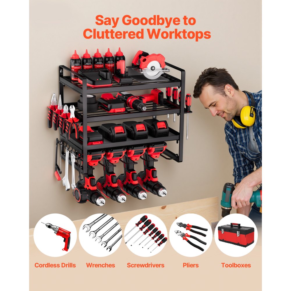 VEVOR Power Tool Organizer Wall Mount, 4-Layer Storage Rack with 4 Drill Holders, Tools Holder and Storage Rack with Screwdriver Holder, Garage Tool Organizer for Garage, Workbench, and Workshop