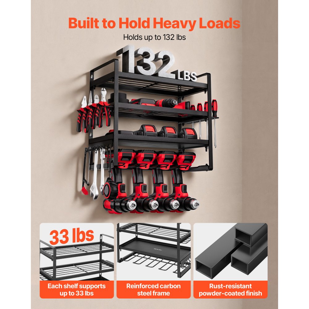 VEVOR Power Tool Organizer Wall Mount, 4-Layer Storage Rack with 4 Drill Holders, Tools Holder and Storage Rack with Screwdriver Holder, Garage Tool Organizer for Garage, Workbench, and Workshop