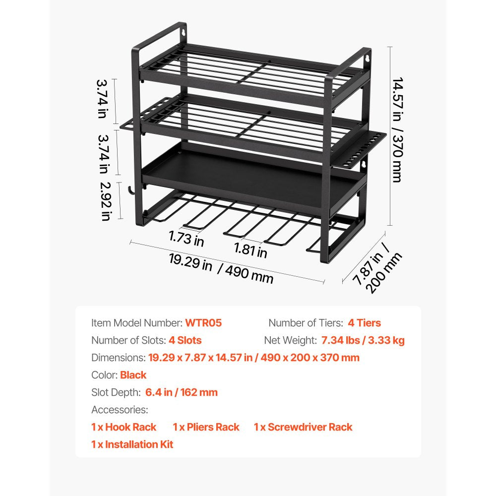 VEVOR Power Tool Organizer Wall Mount, 4-Layer Storage Rack with 4 Drill Holders, Tools Holder and Storage Rack with Screwdriver Holder, Garage Tool Organizer for Garage, Workbench, and Workshop