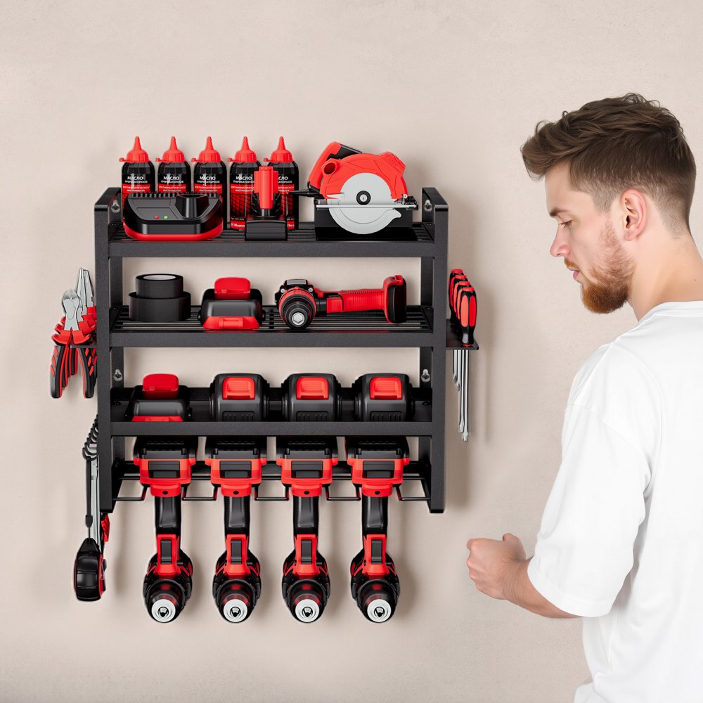 VEVOR Power Tool Organizer Wall Mount, 4-Layer Storage Rack with 4 Drill Holders, Tools Holder and Storage Rack with Screwdriver Holder, Garage Tool Organizer for Garage, Workbench, and Workshop
