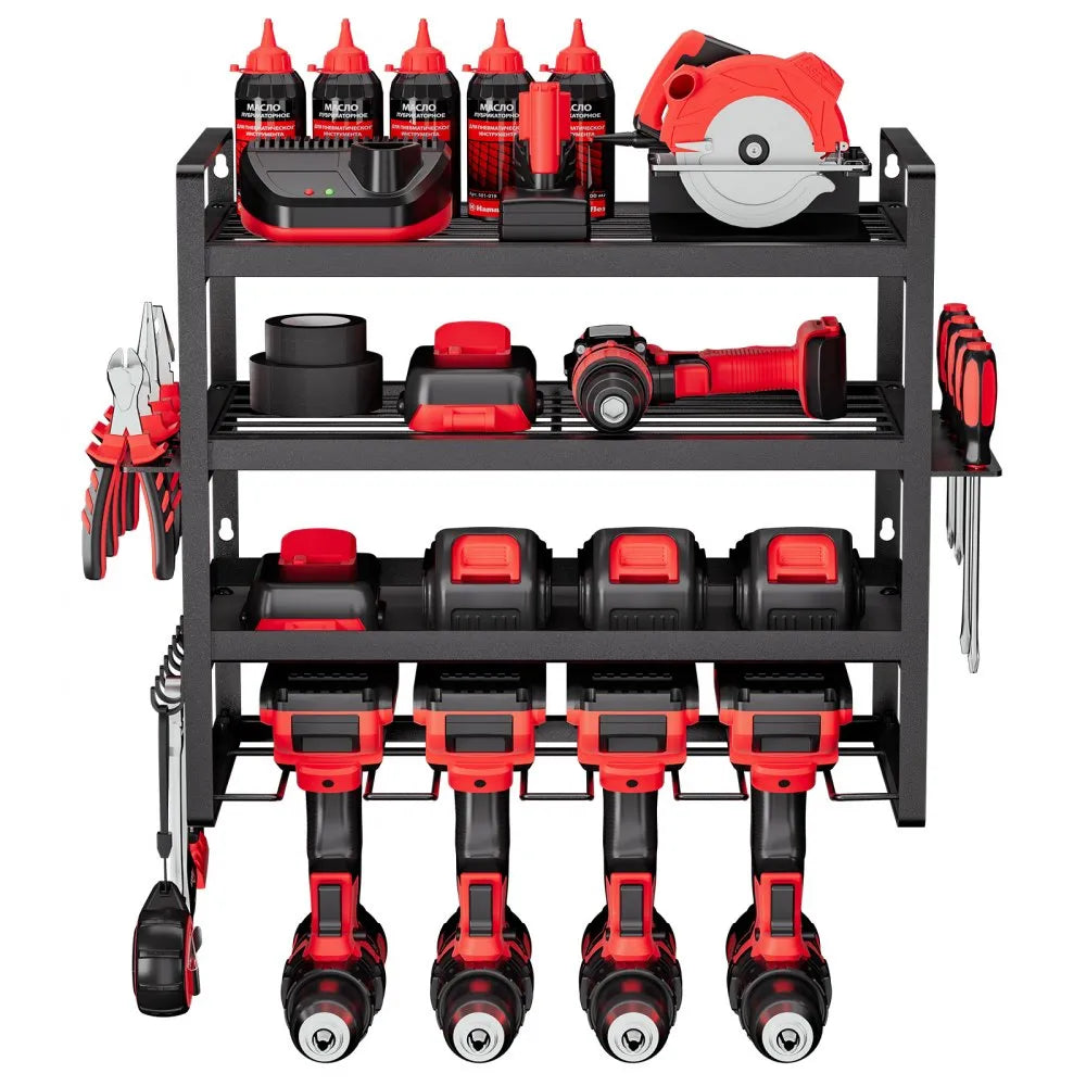 VEVOR Power Tool Organizer Wall Mount, 4-Layer Storage Rack with 4 Drill Holders, Tools Holder and Storage Rack with Screwdriver Holder, Garage Tool Organizer for Garage, Workbench, and Workshop