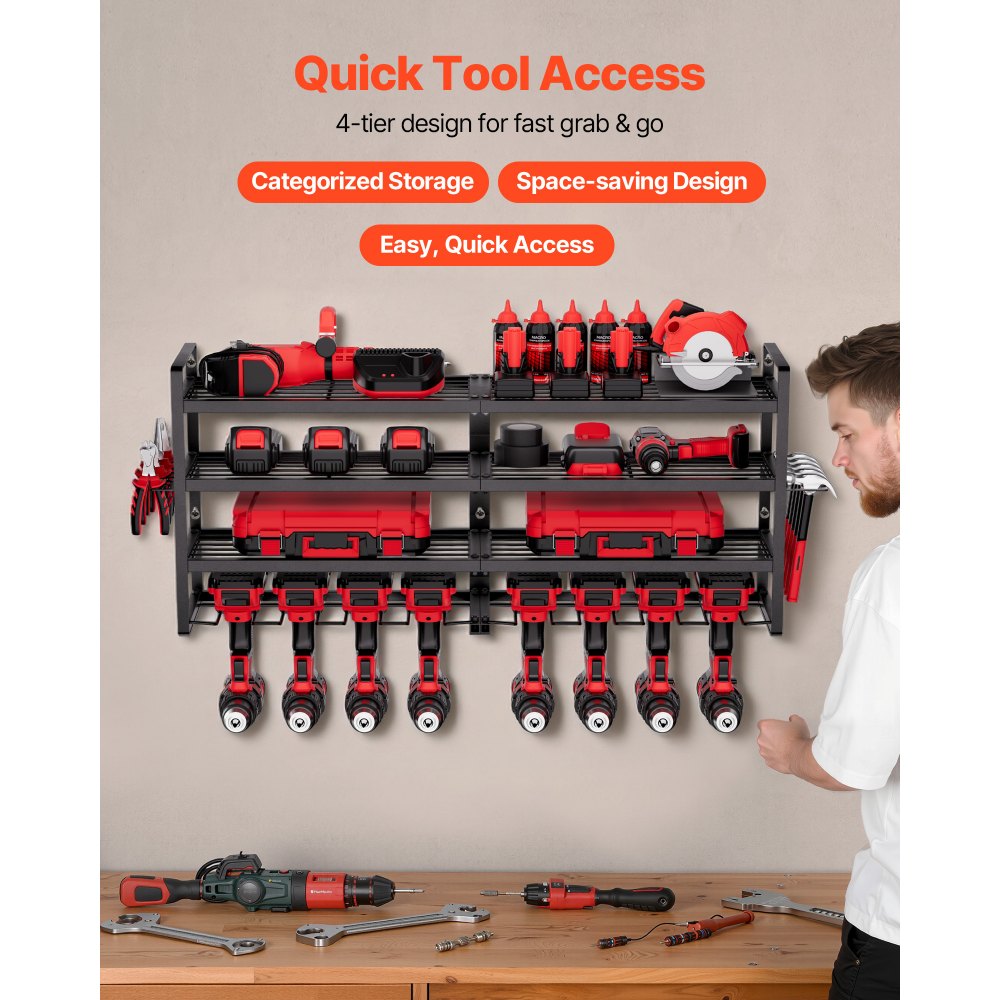 VEVOR Power Tool Organizer Wall Mount, 4-Layer Storage Rack with 8 Drill Holders, Tools Holder and Storage Rack with Screwdriver Holder, Garage Tool Organizer for Garage, Workbench, and Workshop