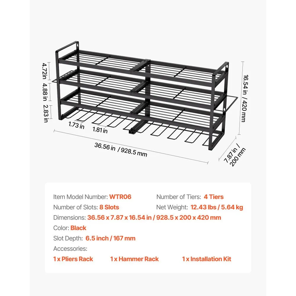 VEVOR Power Tool Organizer Wall Mount, 4-Layer Storage Rack with 8 Drill Holders, Tools Holder and Storage Rack with Screwdriver Holder, Garage Tool Organizer for Garage, Workbench, and Workshop