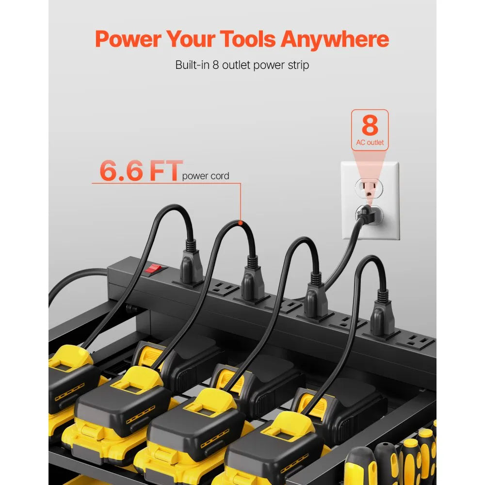 VEVOR 4-tier Tool Organizer Cart with Charging Station, 8 AC Outlet, Floor Stand Rolling Drill Holder and Tool Battery Storage Rack on Wheels, Garage Floor Rolling Storage Cart for Workshop, Garage