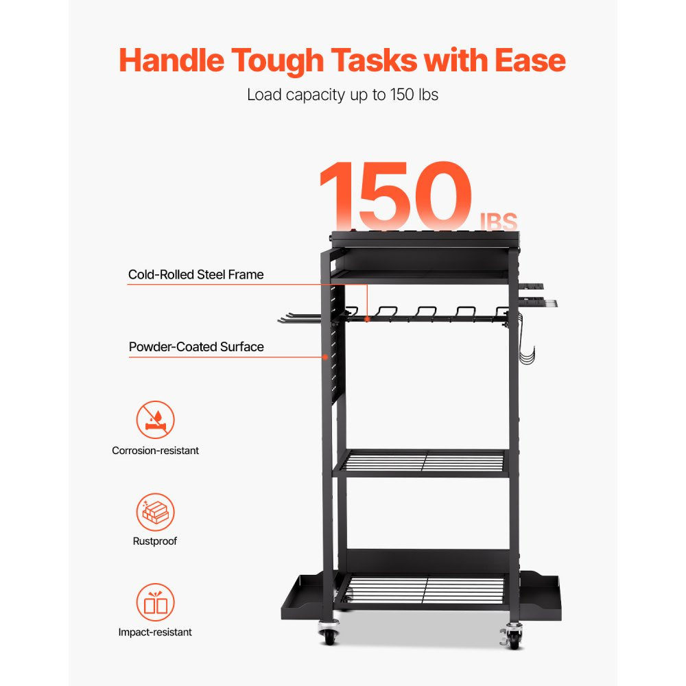 VEVOR 4-tier Tool Organizer Cart with Charging Station, 8 AC Outlet, Floor Stand Rolling Drill Holder and Tool Battery Storage Rack on Wheels, Garage Floor Rolling Storage Cart for Workshop, Garage