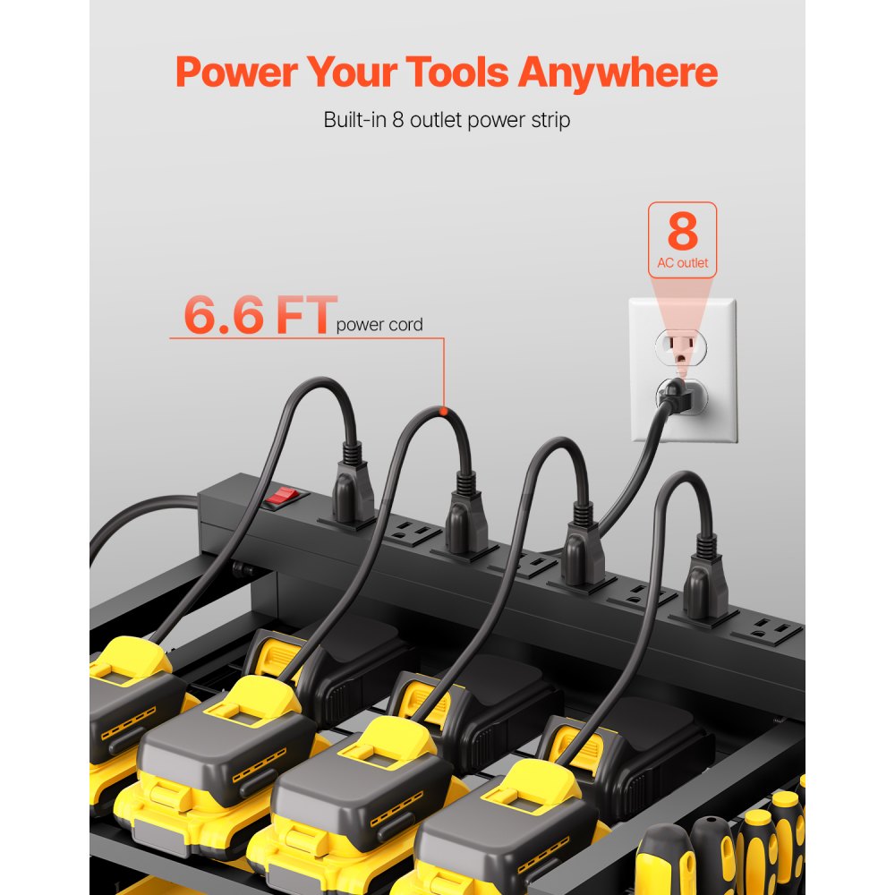 VEVOR 5-tier Tool Organizer Cart with Charging Station, 8 AC Outlet, Floor Stand Rolling Drill Holder and Tool Battery Storage Rack on Wheels, Garage Floor Rolling Storage Cart for Workshop, Garage