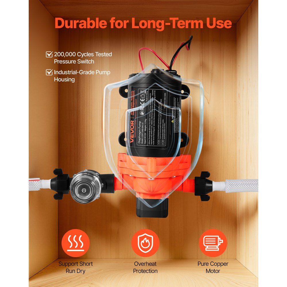 VEVOR RV Water Pump, 12V DC 4 GPM (15.1 L/min), 3-Chamber Self-Priming Diaphragm Water Pump with Automatic Pressure Switch, 40 PSI Max Pressure, On Demand for RV, Caravan, Marine, Yacht, Car Washing