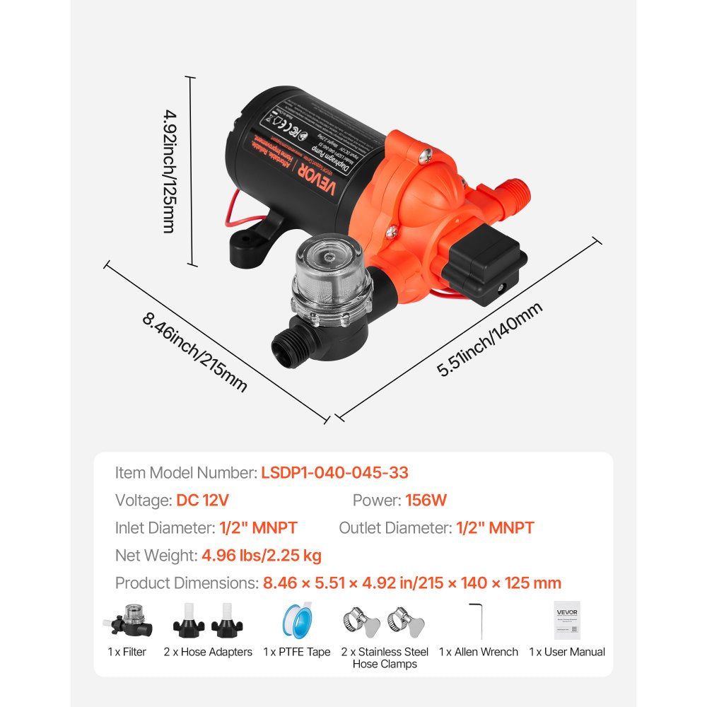 VEVOR RV Water Pump, 12V DC 4 GPM (15.1 L/min), 3-Chamber Self-Priming Diaphragm Water Pump with Automatic Pressure Switch, 40 PSI Max Pressure, On Demand for RV, Caravan, Marine, Yacht, Car Washing