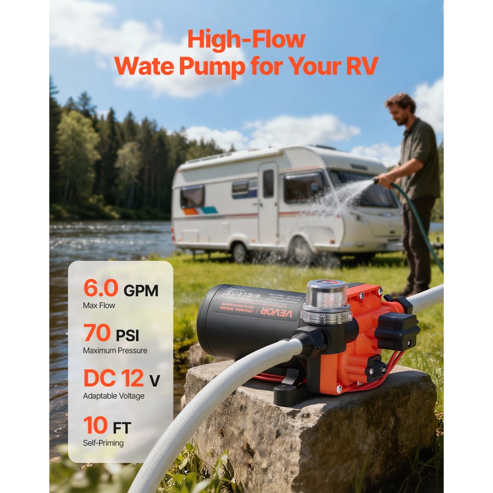 VEVOR RV Water Pump, 12V DC 6 GPM (22.7 L/min), 4-Chamber Self-Priming Diaphragm Water Pump with Automatic Pressure Switch, 70 PSI Max Pressure, On Demand for RV, Caravan, Marine, Yacht, Car Washing